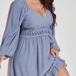 Guipure Lace Insert Ruffle Trim Blue Dress